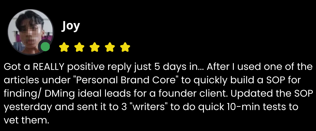 Joy testimonial - Got a REALLY positive reply just 5 days in using Personal Brand Core SOP