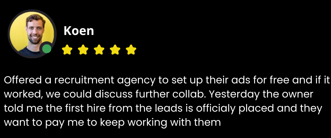 Koen testimonial - Recruitment agency collaboration, first hire placed and they want to pay me